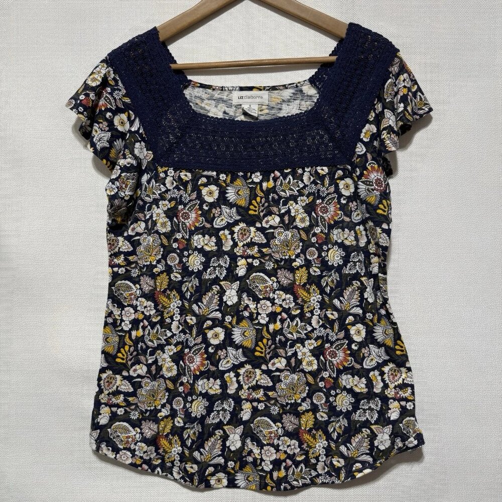 Liz Claiborne Blue Flower Lace Square Neck Blouse Cap Short Sleeve Women's Sm